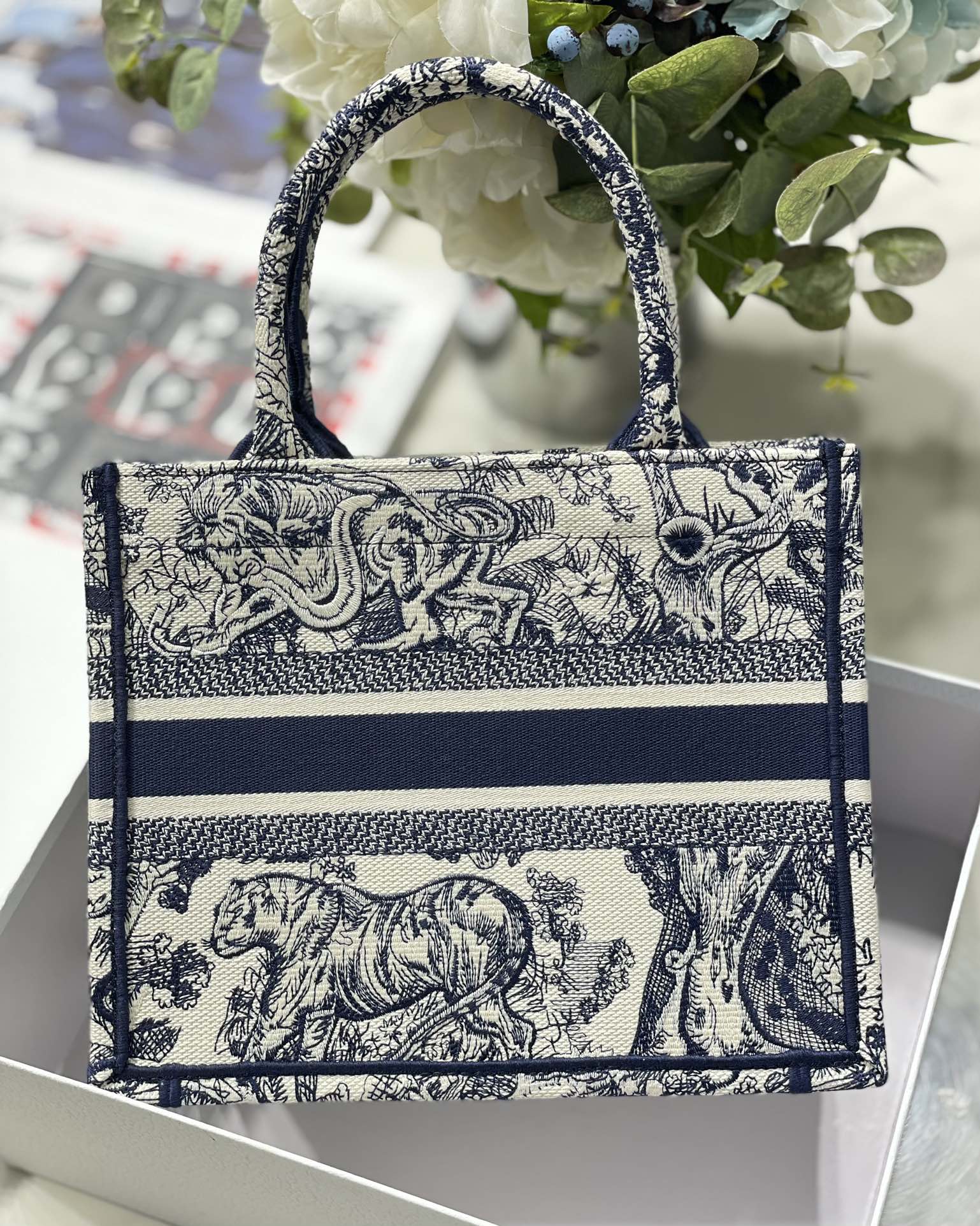 Small Dior Book Tote Bag Ecru and Blue Toile de Jouy Reverse Embroidery